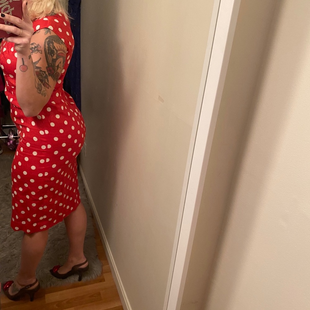 VINTAGE 70s MILA SCHON LINEN POLKA DOT PINUP DRESS - Picture 9 of 10